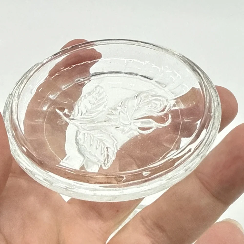 Crystal Glass Trinket Dish Etched Rose Lid Italian 2.5